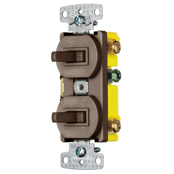 Hubbell Wiring Device-Kellems Combination Devices, Residential Grade, 1) Single Pole Toggle, 1) Three Way Toggle, 15A 120V AC, Self Grounding, Side Wired, Brown RC103